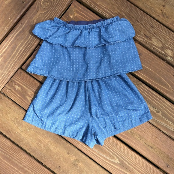 Ellison Pants - ELLISON Strapless Denim Printed Tiered Romper